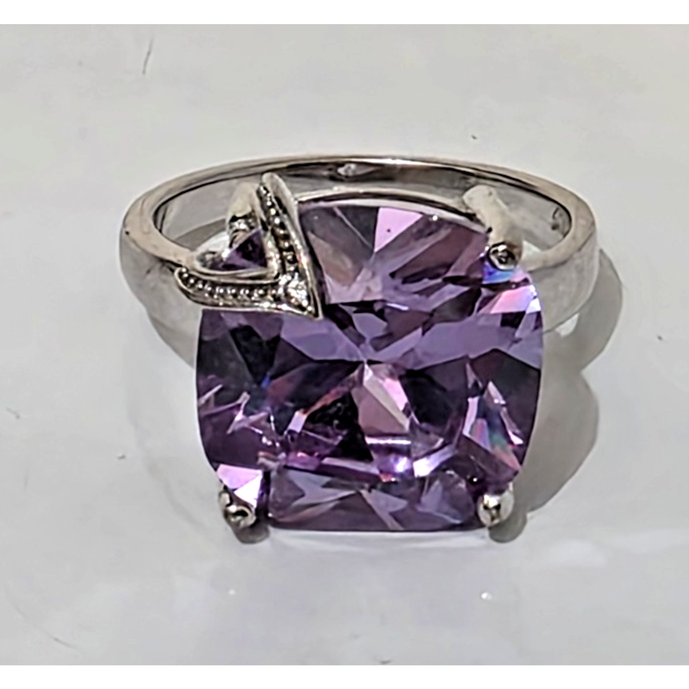 925 Sterling Silver Faceted 1/2" Amethyst Ring CZ Size 6 1/2 w/Chip